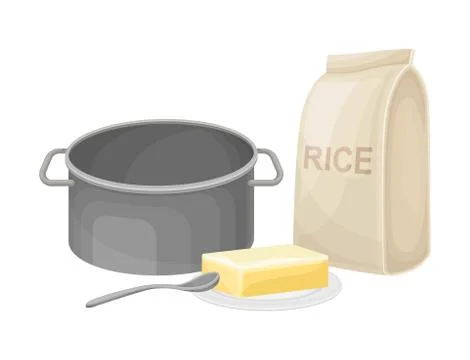 Cooking Rice Process with Butter and Rice Package Vector Illustration Stock Illustration