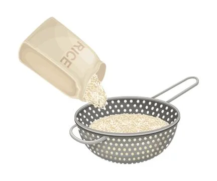 Cooking Rice Process with Grain Sieving and Washing in Strainer Vector Stock Illustration