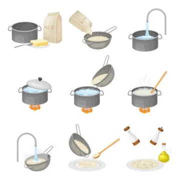 Cooking Rice Process with Head Rice Washing and Poaching on Burner Vector Set Stock Illustration