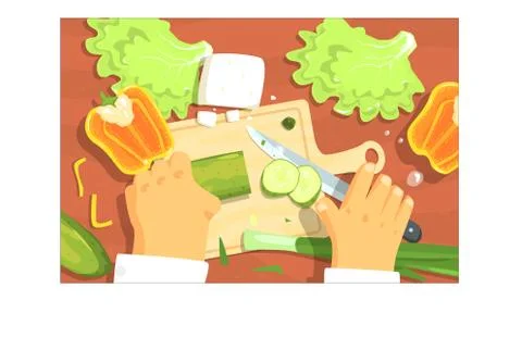 Cooking Of Salad Hands Working On Food Preparation View From Above Drawing Ilustração Stock