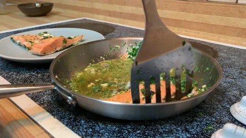 Cooking Salmon with audio Stock Footage 197001492