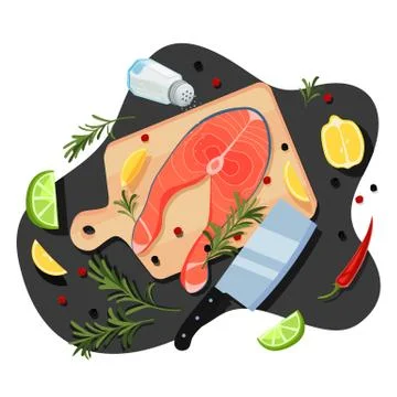 Cooking salmon steak, vector flat cartoon top view illustration. Seafood rest Stock Illustration