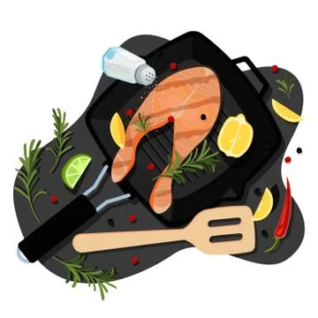 Cooking salmon steak, vector flat cartoon top view illustration. Grill pan wi Stock Illustration