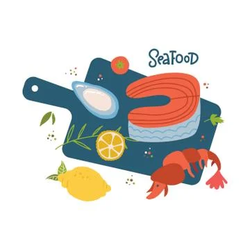 Cooking salmon steak,srimp ,shell vector cartoon top view illustration. Raw s 스톡 일러스트