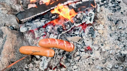 Cooking sausages by the campfire. Stock Footage 248758375