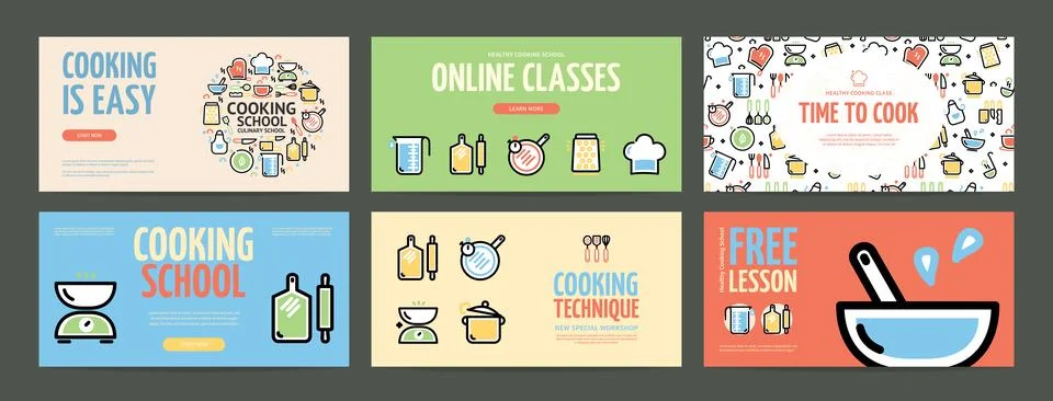 Cooking School and Classes Horizontal Placard Poster Banner Card Template Set Stock Illustration