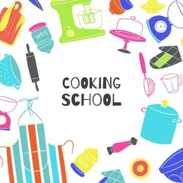 Cooking school poster with kitchenware, cooker and pots on kitchen,board, chef Illustrazione stock