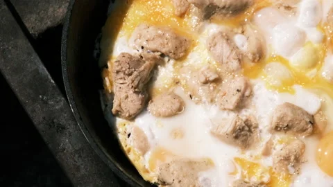 Cooking Scrambled Eggs with Chicken Meat on Tourist Campfire Frying Pan, Nature Stock Footage 166564765