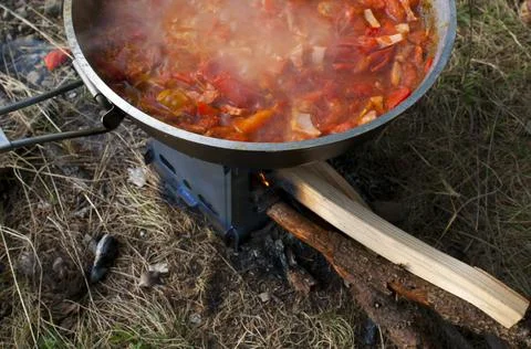 Cooking scrambled eggs with vegetables on the fire in the woods Stock Photos