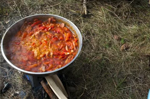 Cooking scrambled eggs with vegetables on the fire in the woods Stock Photos