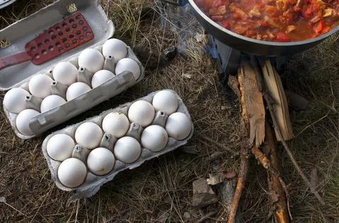 Cooking scrambled eggs with vegetables on the fire in the woods Stock Photos