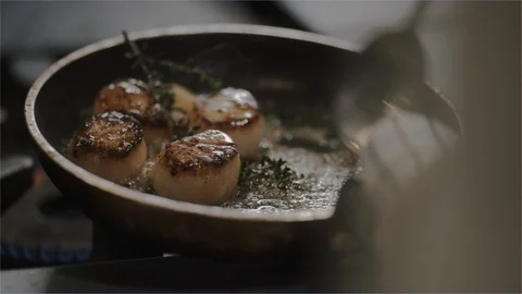 Cooking seafood scollops in a pan Stock Footage 101324523