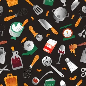 Cooking seamless pattern, kitchen utensil and appliance, hand drawn illustration Stock Illustration