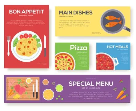Cooking set cards with menu vector background. Cooking menu banner design Stock Illustration