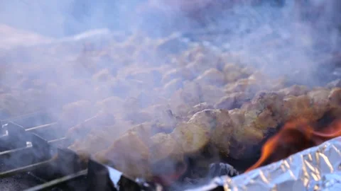 Cooking shashlik on open fire. Close-up: marinated pieces of meat on skewers are Video stock 270006151
