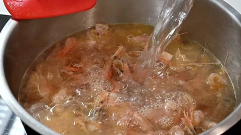 Cooking shrimp shells to prepare a broth Stock Footage 219717169