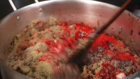 Cooking Spiced Ground Beef in a Pot, Close-Up Stock Footage 331634376