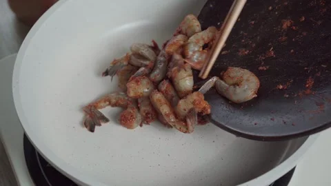 Cooking Spiced Shrimp in Pan Stock Footage 290107087