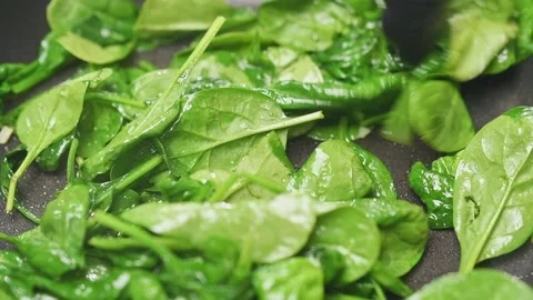 Cooking spinach in a frying pan. Video stock 157539356