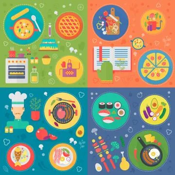 Cooking square concepts set. Cooking process, food recipes flat vector design 스톡 일러스트