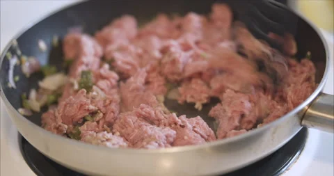Cooking, stirring, and heating ground meat in frying pan Stock Footage 155546301