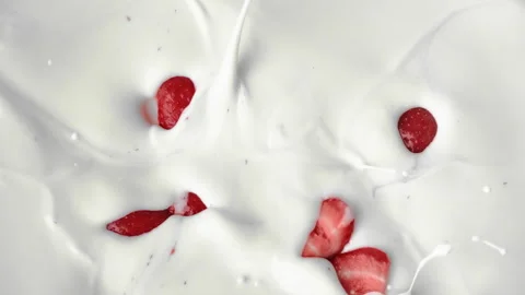 Cooking strawberry milkshake, closeup view of red ripe berries pieces falling Stock Footage 280239893