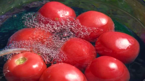 Cooking summer salad. Processing tomato ozone. Tomatoes in the water into whi Stock Footage 150429452