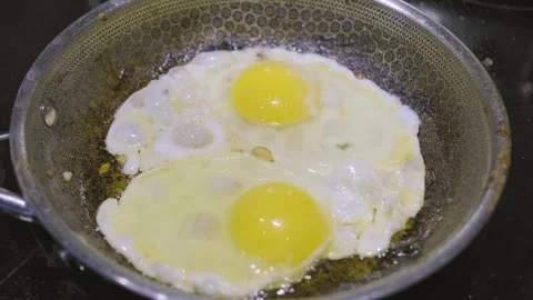 Cooking Sunny-Side-Up Eggs in a Frying Pan at Home Kitchen Stock Footage 314296539