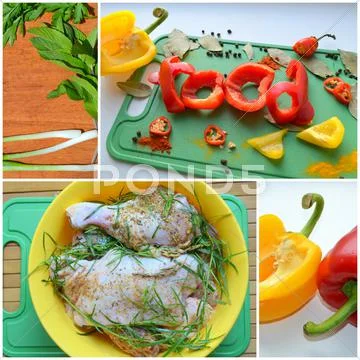 Cooking, Sweet Pepper And Chicken Meat With Herbs