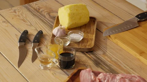 Cooking. Table layout. Ingredients for sauce. Meat for a shish kebab Stock Footage 162620738