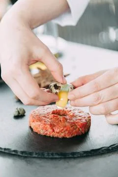 Cooking Tartar of beef Stock Photos