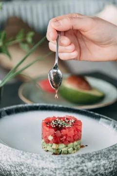 Cooking Tartar of beef Stock Photos