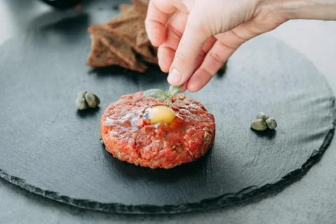 Cooking Tartar of beef Stock Photos