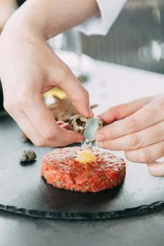 Cooking Tartar of beef Stock Photos