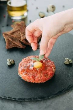 Cooking Tartar of beef Stock Photos