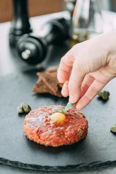 Cooking Tartar of beef Stock Photos