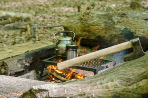 Cooking Tea in Camping Stock Photos