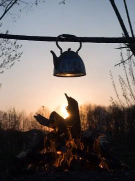 Cooking tea on a fire in a kettle at sunset Stock Photos