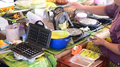 Cooking Thai Snack Soft Thai rice flour pancake roll or "Thong Muan Sod" Stock Footage 47403383