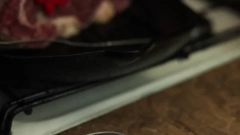 Cooking a thick steak in a cast iron skillet with a meat thermometer Stock Footage 340563181