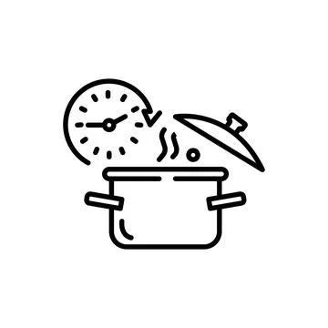 Cooking time icon, fast prepare meal, timer cook food, pan with clock, thin l Stock Illustration