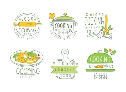 Cooking time logo design set. Hand drawn badges, labels for culinary class, food Stock Illustration