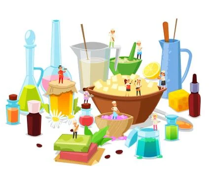 Cooking tiny people in chef uniform and cap in kitchen with healthy food Stock Illustration