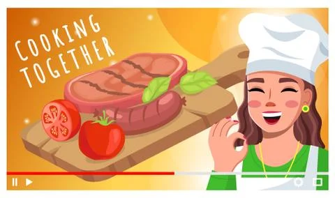 Cooking together, video tutorial for social networks, videoplayer concept, woman 스톡 일러스트