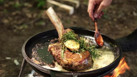 Cooking Tomahawk Steak Over Campfire Video stock 280113778
