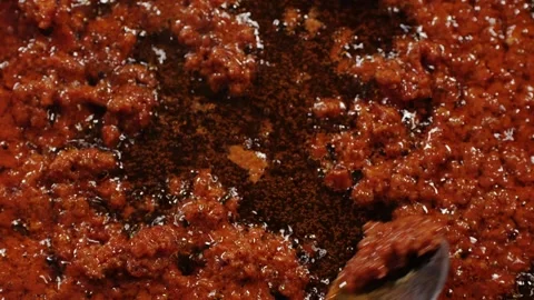 Cooking tomato sauce top view. Classic homemade Italian tomato sauce for pasta Stock Footage 274084684