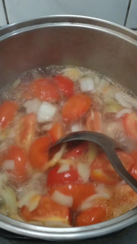 Cooking  tomato soup in a hot boiling water Stock Footage 341366818