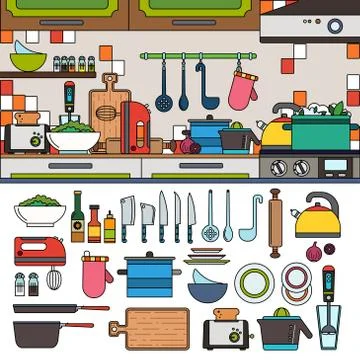 Cooking tools and utensils in the kitchen Stock Illustration