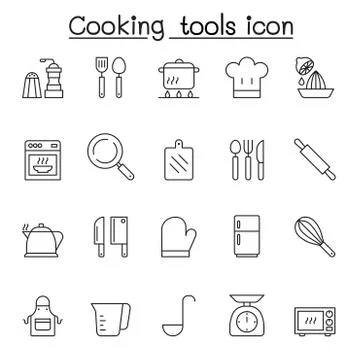 Cooking tools icon set in thin line style Illustrazione stock