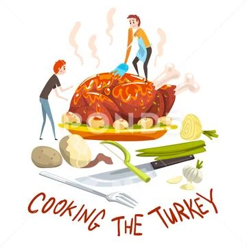Cooking the turkey, two little men cooking huge festive turkey for Thanksgiving Stock Illustration